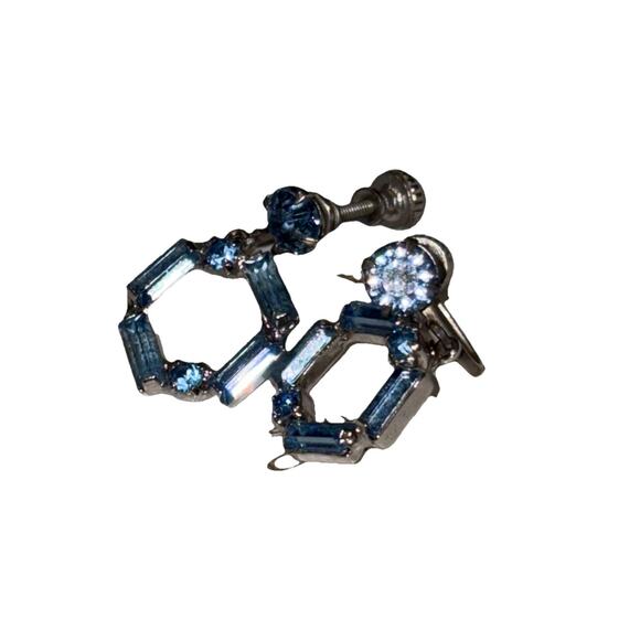 Vintage Blue Gemstone Screw-Back Earrings – Mid Century Rhinestone - Picture 2 of 4